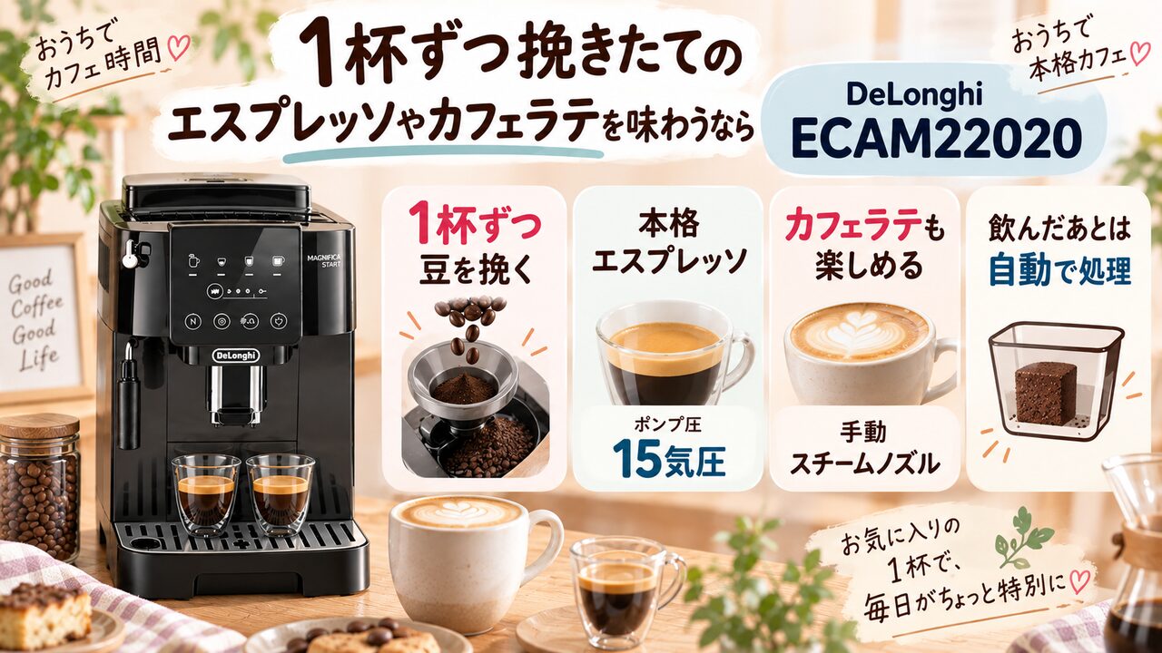 デロンギECAM22020で1杯ずつエスプレッソやカフェラテを楽しむ特徴を示した