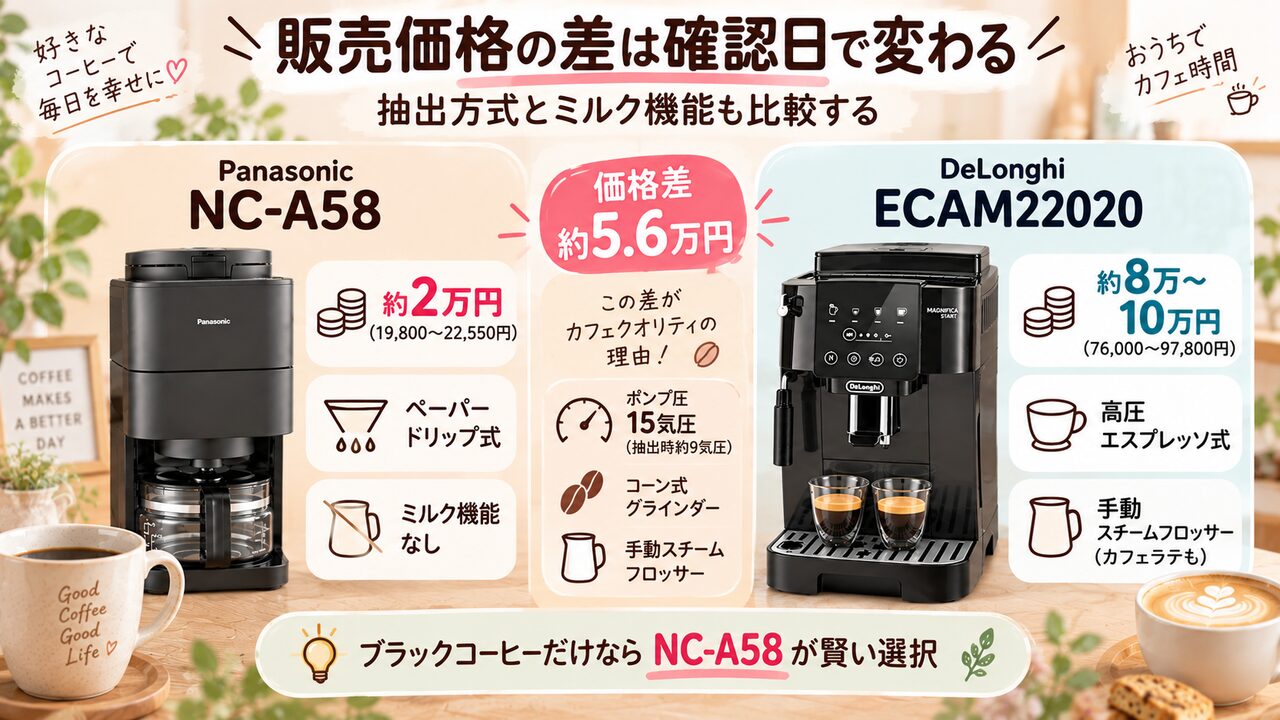 NC-A58とECAM22020の参考価格差と抽出方式・ミルク機能を比較した