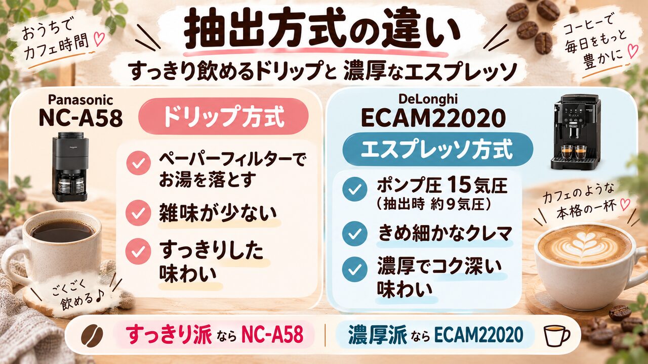 NC-A58のペーパードリップとECAM22020の高圧エスプレッソの抽出方式を比較した図