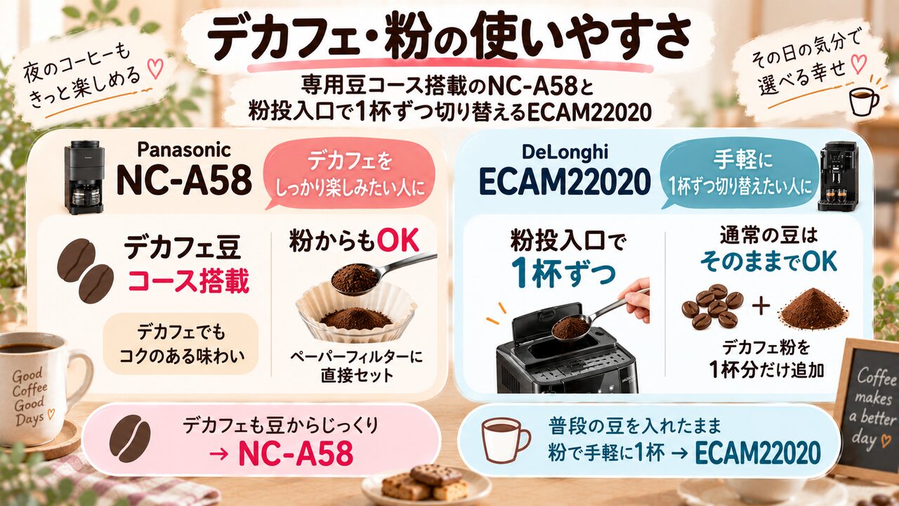 NC-A58のデカフェ豆コースとECAM22020の粉投入口による切り替えを比較した図