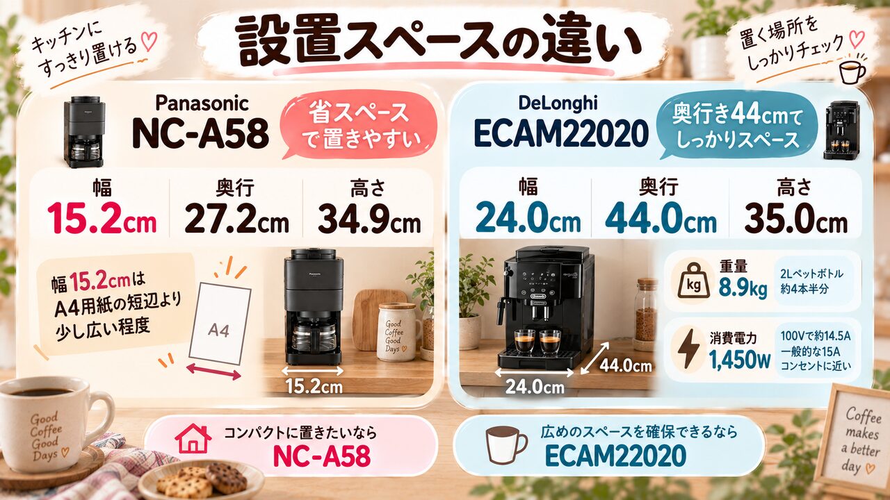 NC-A58の幅15.2cmとECAM22020の奥行44cmなど設置サイズを比較した図