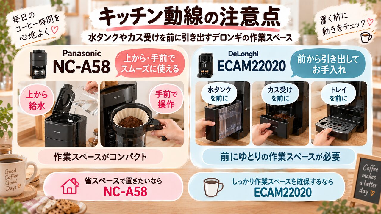 NC-A58の上からの給水とECAM22020の前面に必要な作業スペースを比較した図