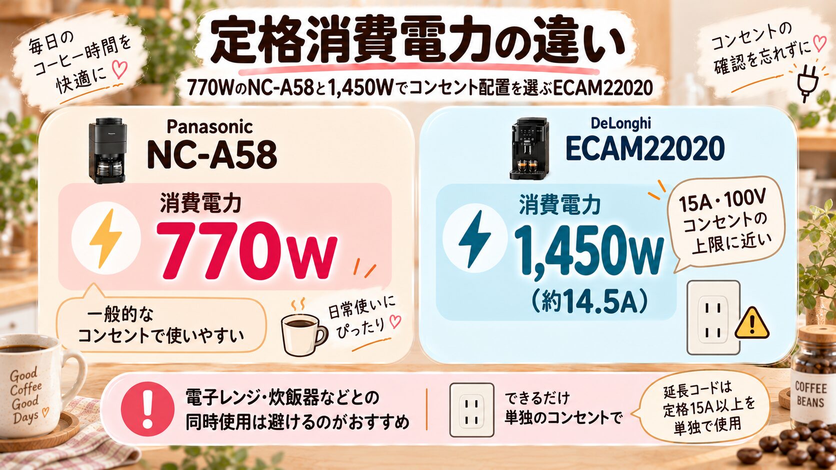 NC-A58の770WとECAM22020の1,450Wを比較しコンセントの注意点を示した図