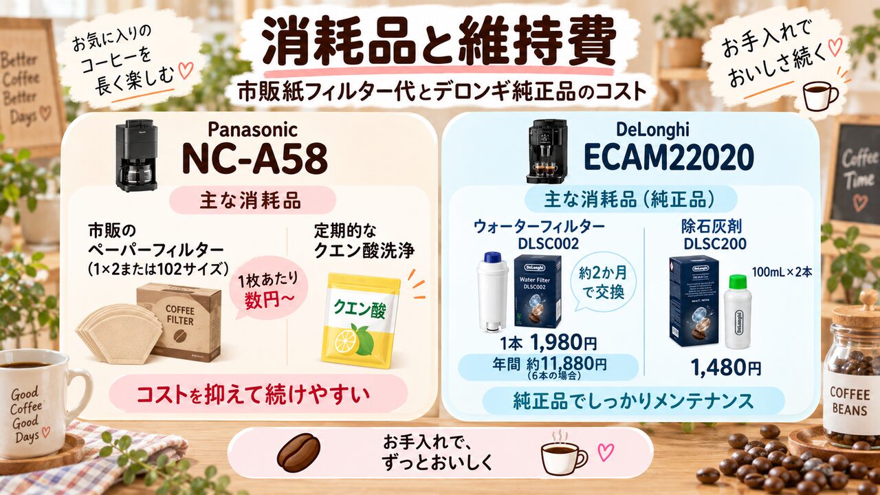 NC-A58のペーパーフィルター・クエン酸とECAM22020の純正消耗品の維持費を比較した図