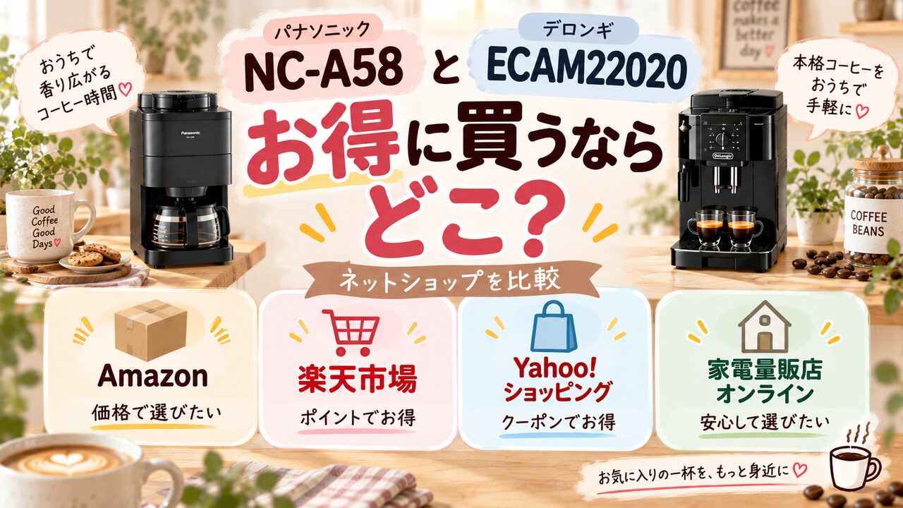 NC-A58とECAM22020の購入先としてAmazon・楽天市場・Yahoo!ショッピングなどを示した