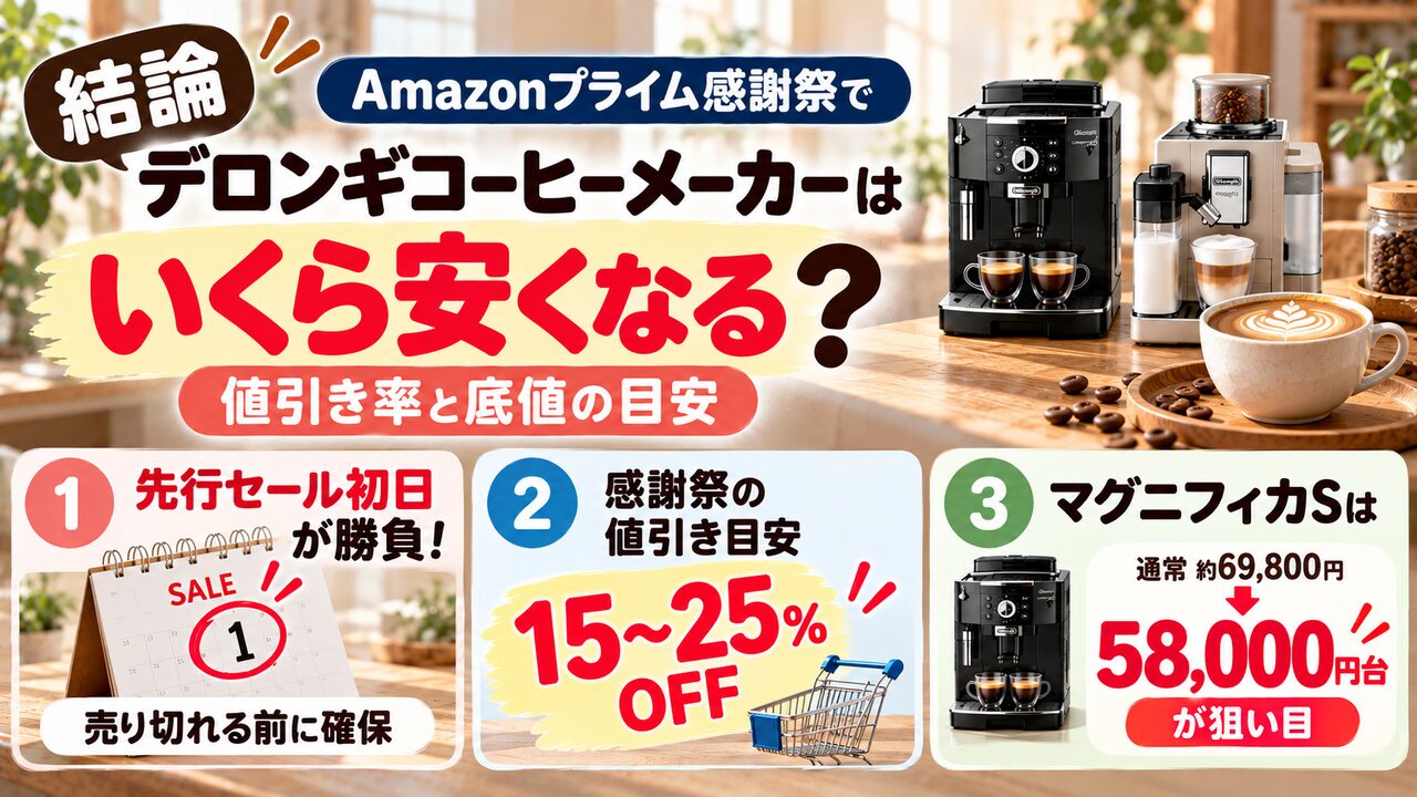 【結論】Amazonプライム感謝祭でデロンギコーヒーメーカーはいくら安くなる？値引き率と底値の目安
