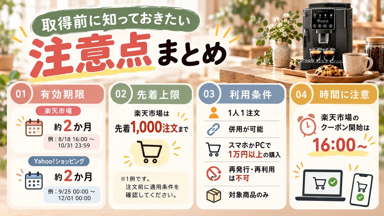取得前に知っておきたい注意点（有効期限・先着上限・併用可否）