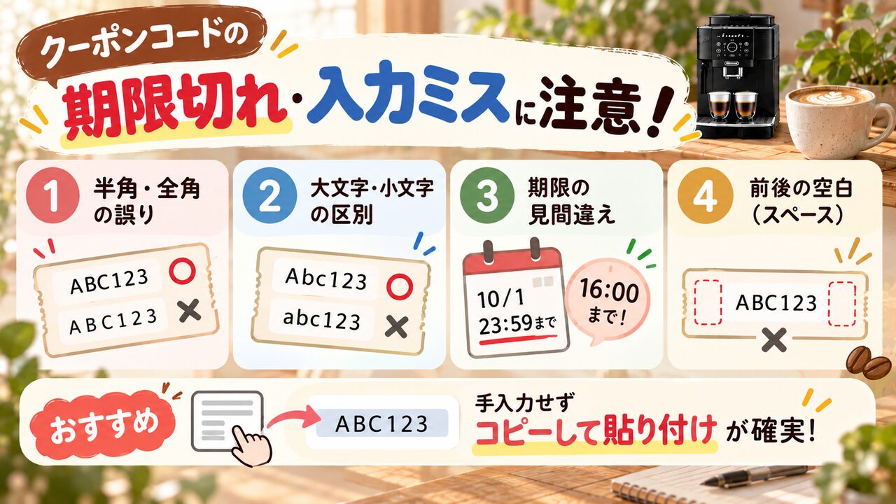 クーポンコードの期限切れ・入力ミス（半角全角）