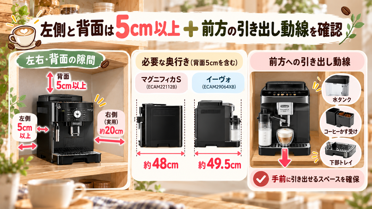左側と背面は「5cm以上」＋前方への引き出し動線を確認