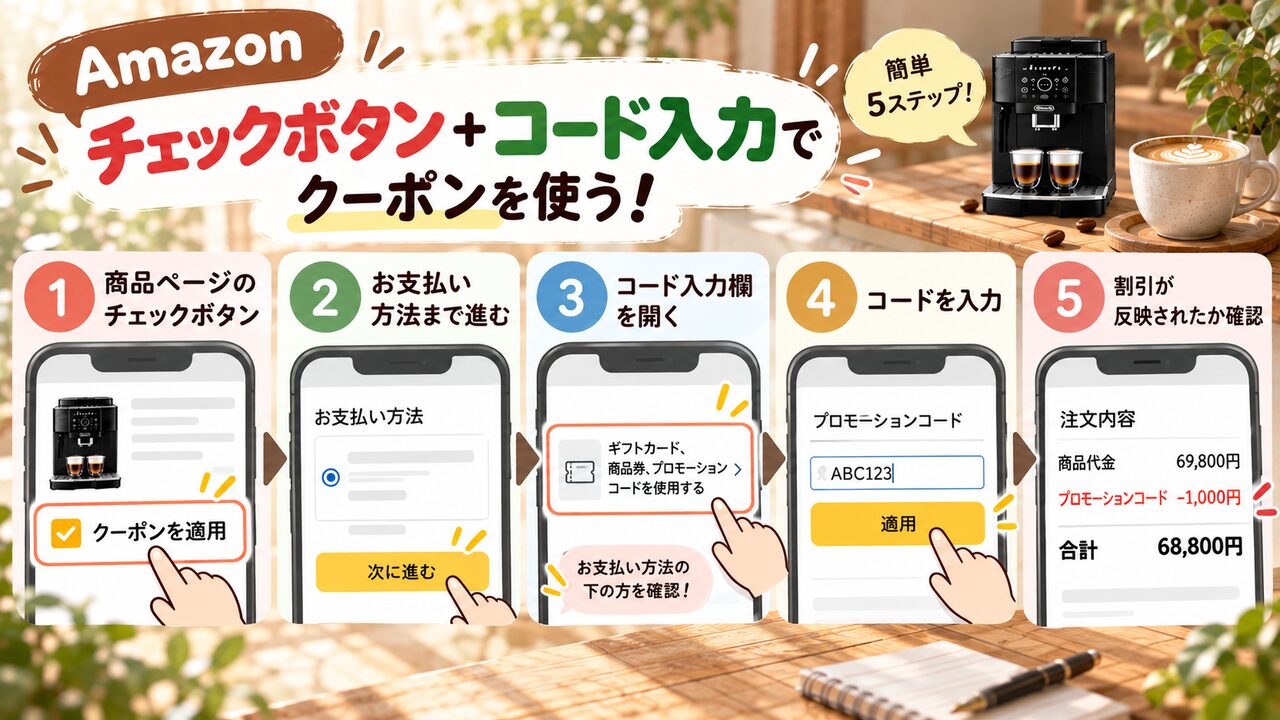 Amazon：商品ページのチェックボタン＋お支払い画面のコード入力欄