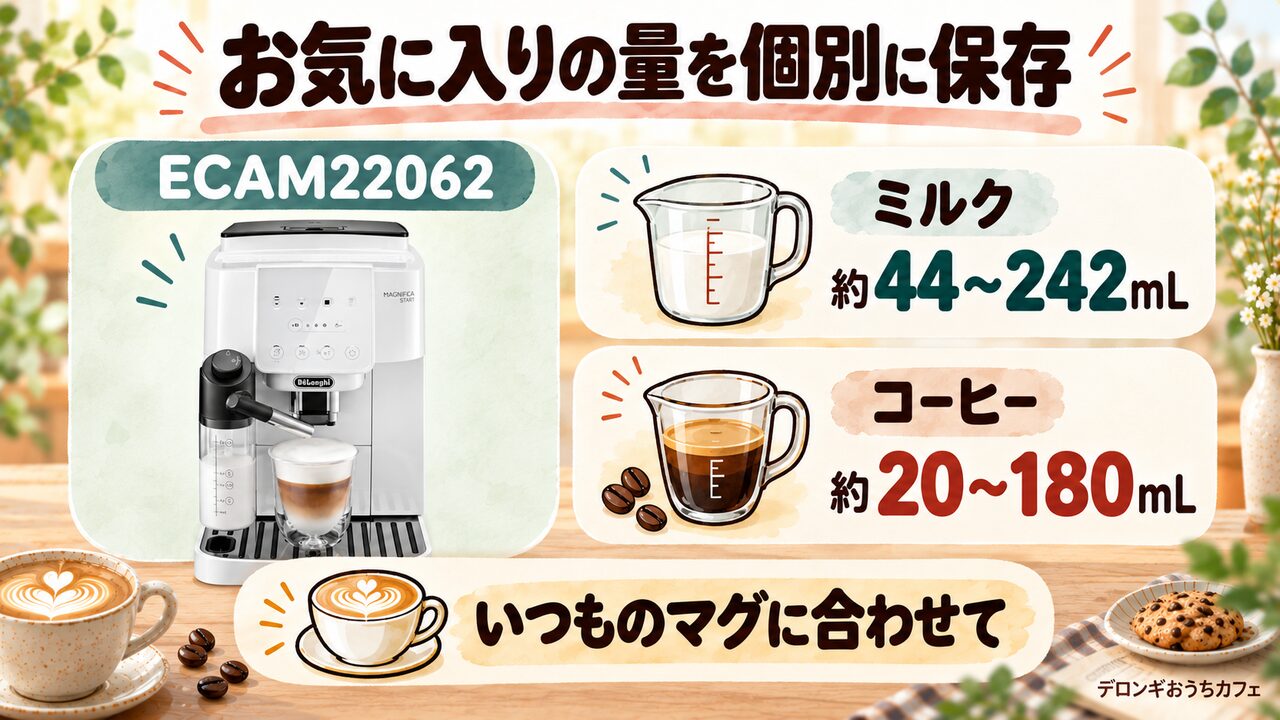 カプチーノのミルク量とコーヒー量を個別記憶できるECAM22062