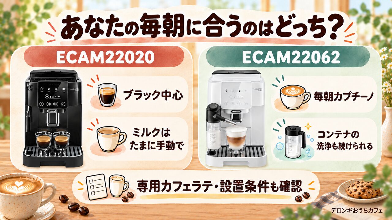 デロンギのマグニフィカスタートの失敗しない選び方：ブラック中心ならECAM22020、毎朝カプチーノならECAM22062
