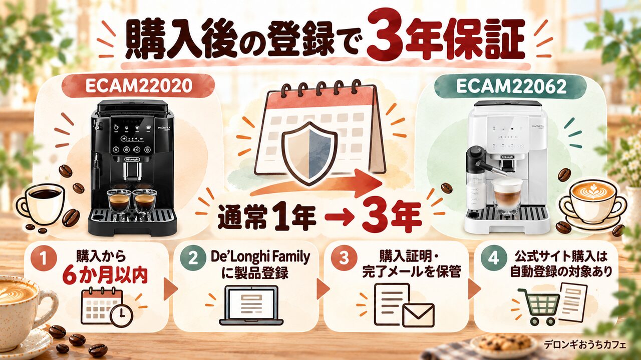 購入後6か月以内のDe’Longhi Family登録で3年保証