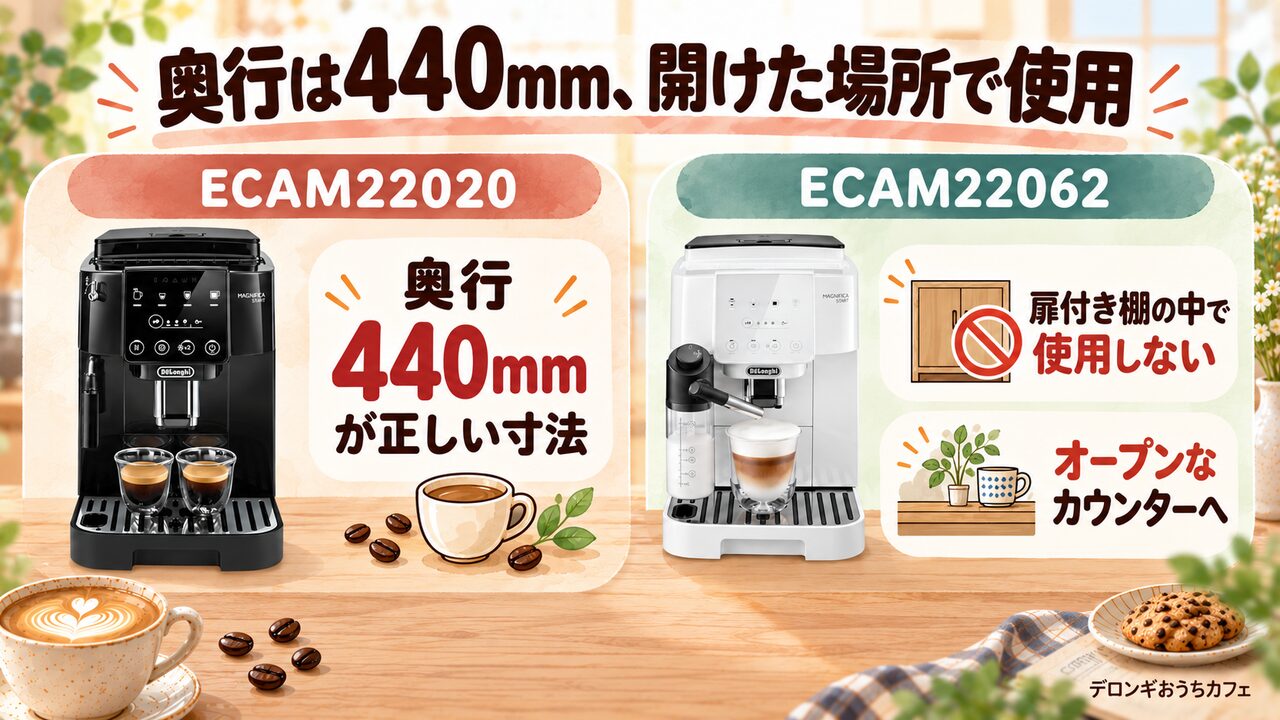 奥行440mmへの訂正と扉付き収納棚での使用禁止