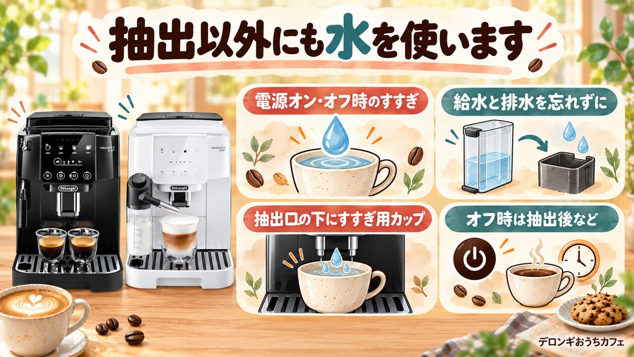 電源オン・オフ時のすすぎ・水の消費