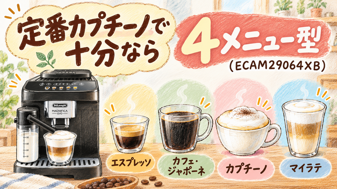 定番カプチーノで十分なら「4メニュー型（ECAM29064XB）」