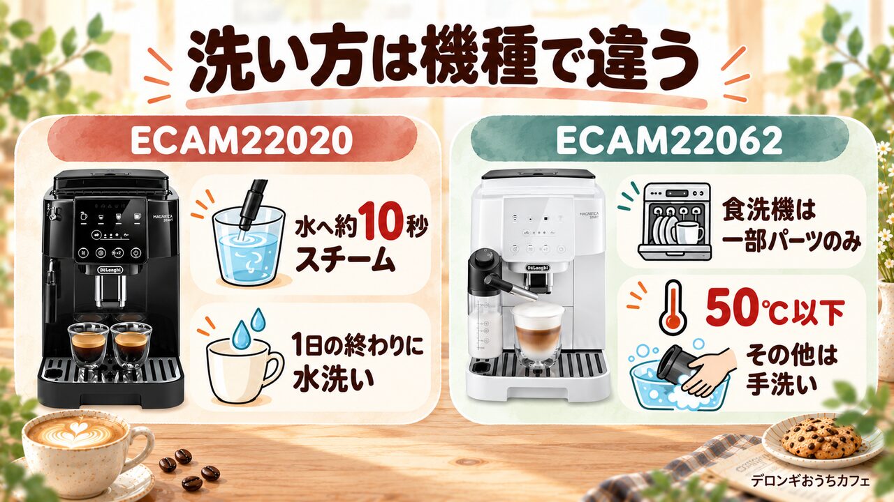 食洗機50℃以下・ECAM22020は簡易洗浄と水洗い