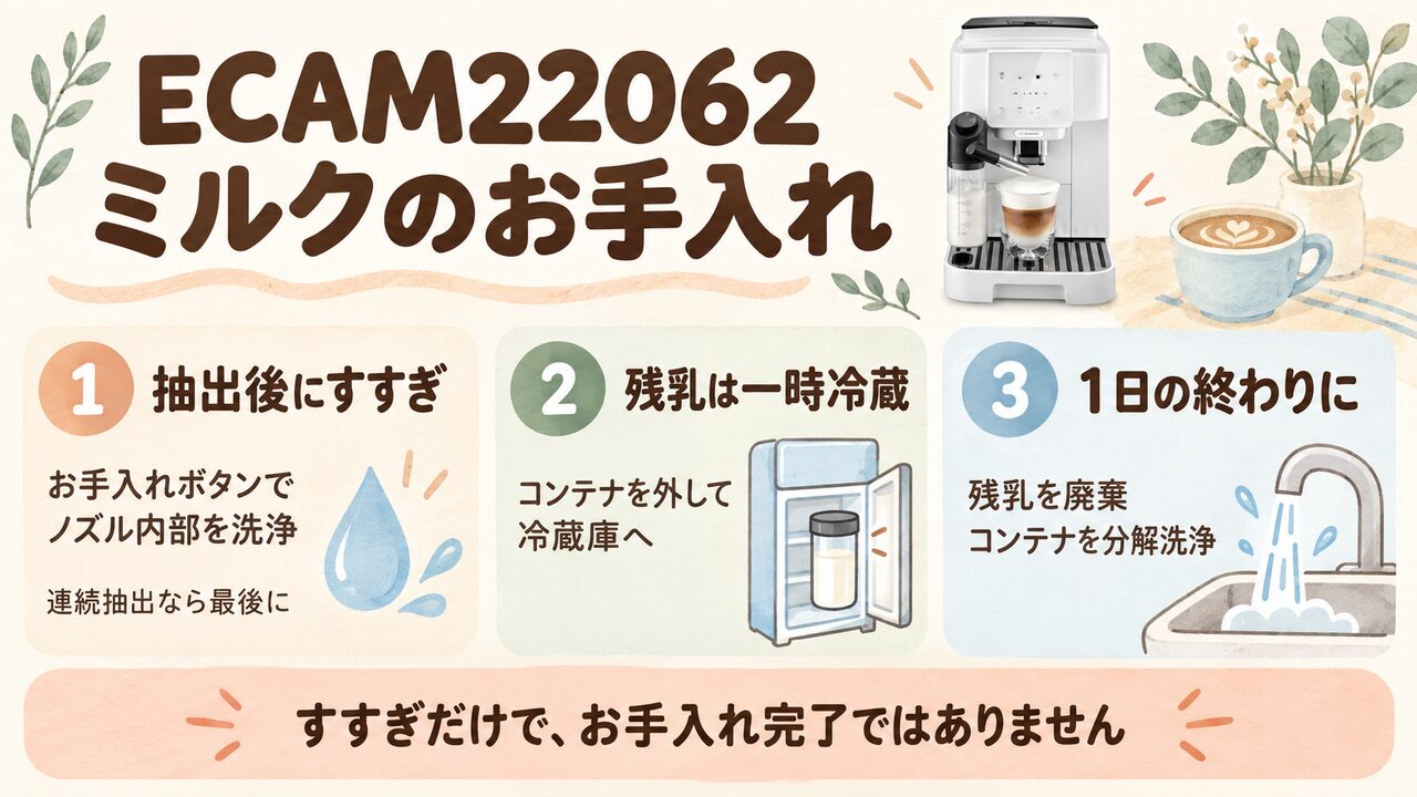 ECAM22062の自動すすぎと残乳の冷蔵・分解洗浄