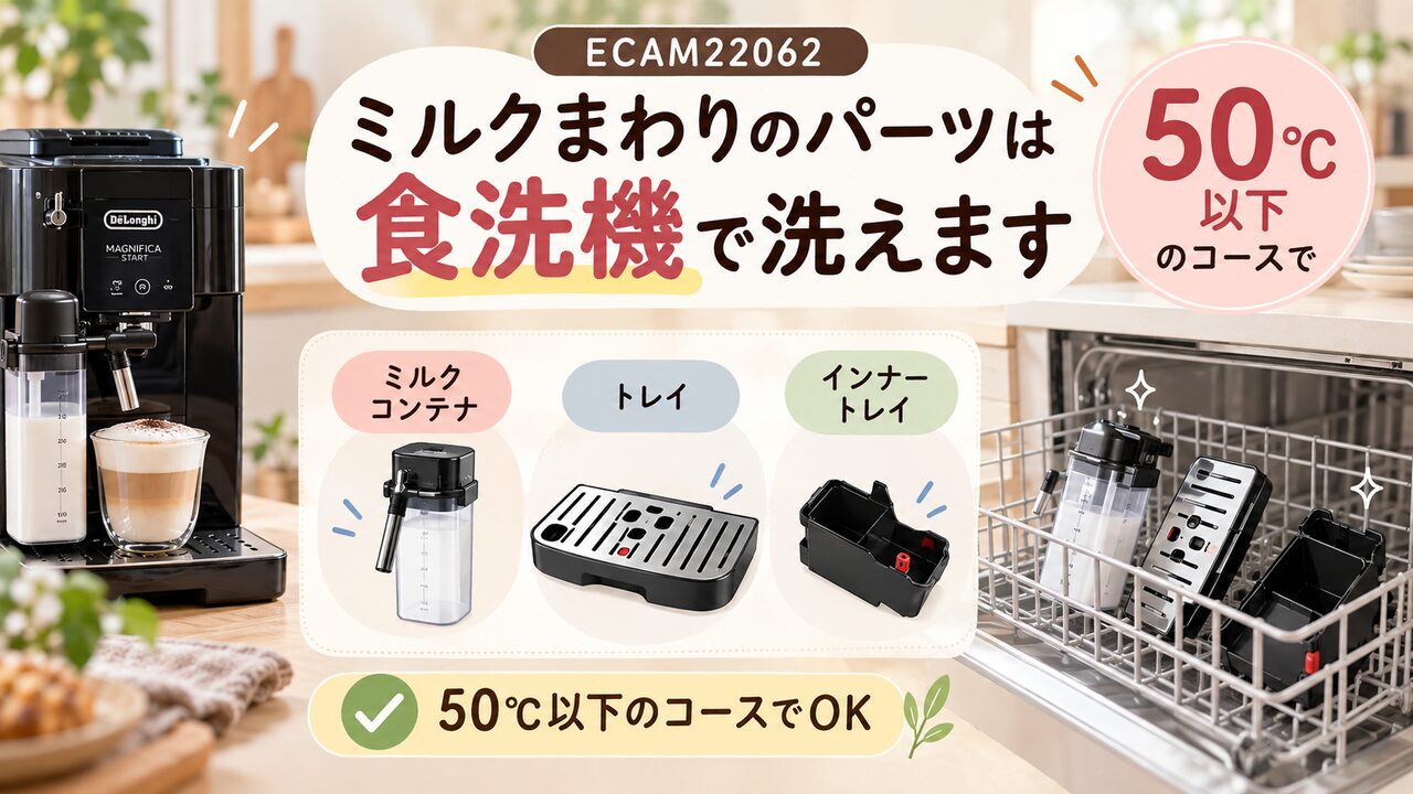 ECAM22062はミルクコンテナ、トレイ、インナートレイに限り、50℃以下のコースで食洗機で洗える