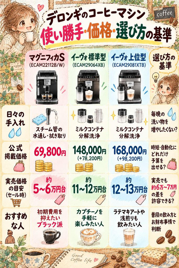 デロンギのコーヒーマシーンマグニフィカS、イーヴォの使い勝手・価格・選び方の基準