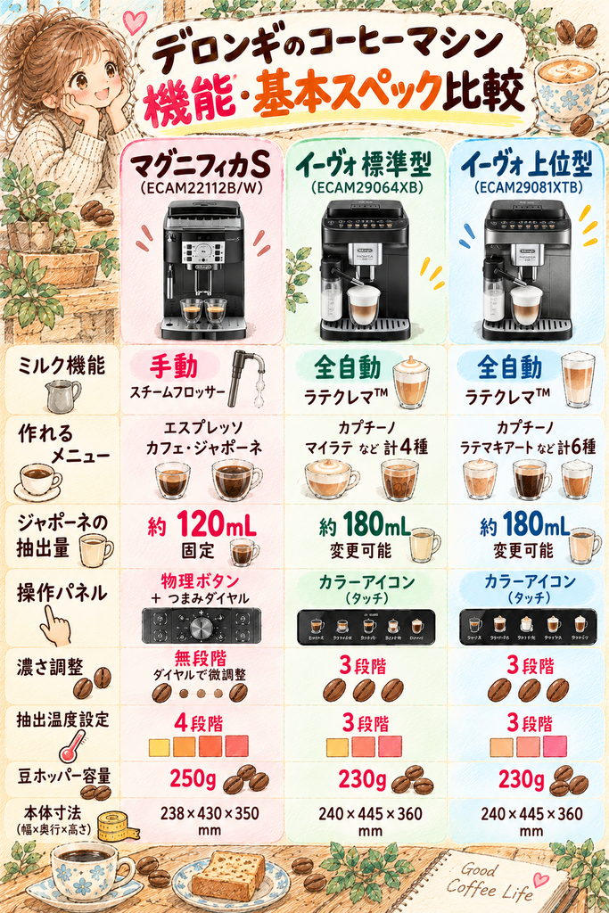 デロンギのコーヒーマシーンマグニフィカS、イーヴォの機能・基本スペック比較