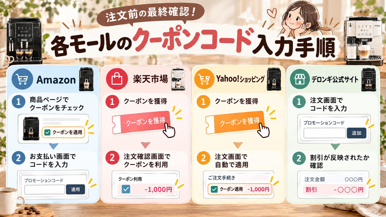 注文前の最終確認！各モールのクーポンコード入力手順
