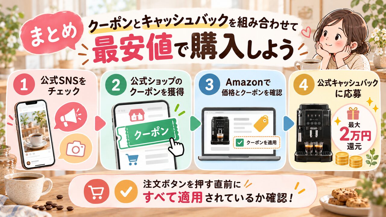まとめ：クーポンとキャッシュバックを組み合わせて最安値で購入しよう