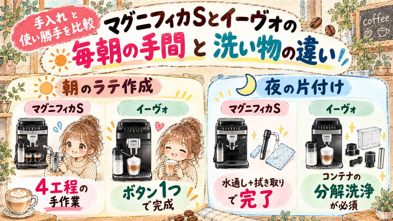 【手入れと使い勝手を比較】マグニフィカSとイーヴォの毎朝の手間と洗い物の違い