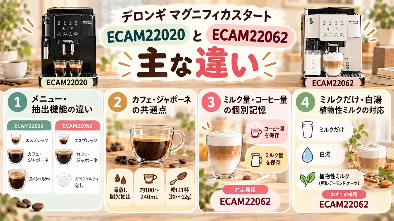 ECAM22020とECAM22062のメニュー・抽出機能を比較：スペシャルティの有無とミルク量保存の差