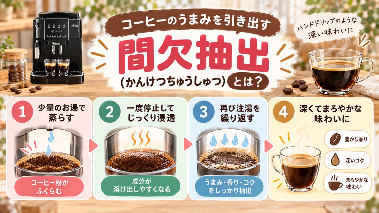 間欠抽出とはお湯を注いで止めてまた注ぐを繰り返す方法。濃厚で厚みのある味になる