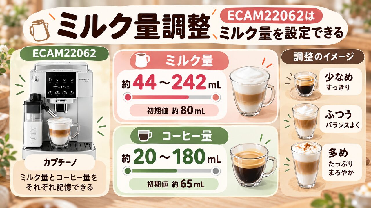 ミルク量調整：ECAM22062はミルク量を44〜242mLの範囲で設定可能