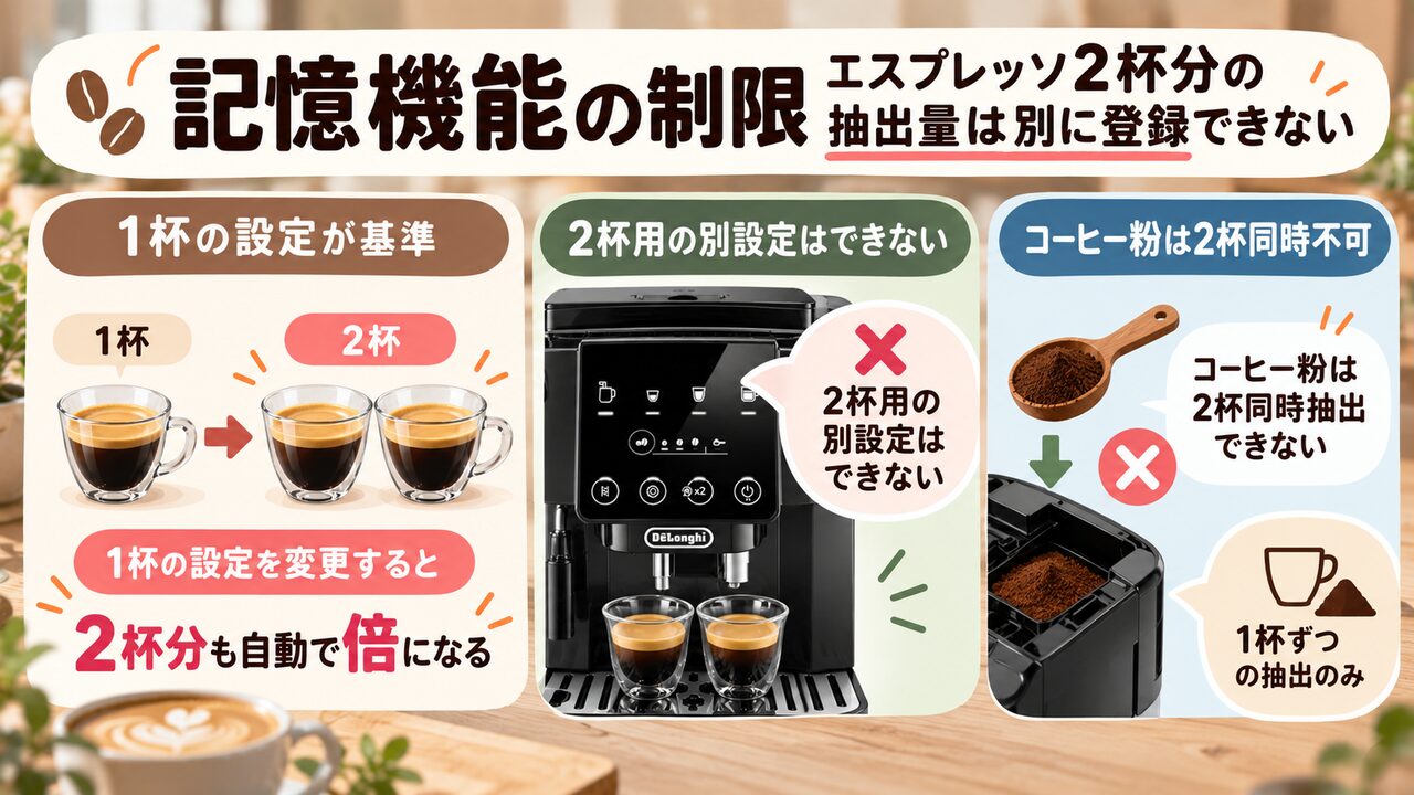 記憶機能の制限：エスプレッソ2杯分の抽出量は別に登録できない