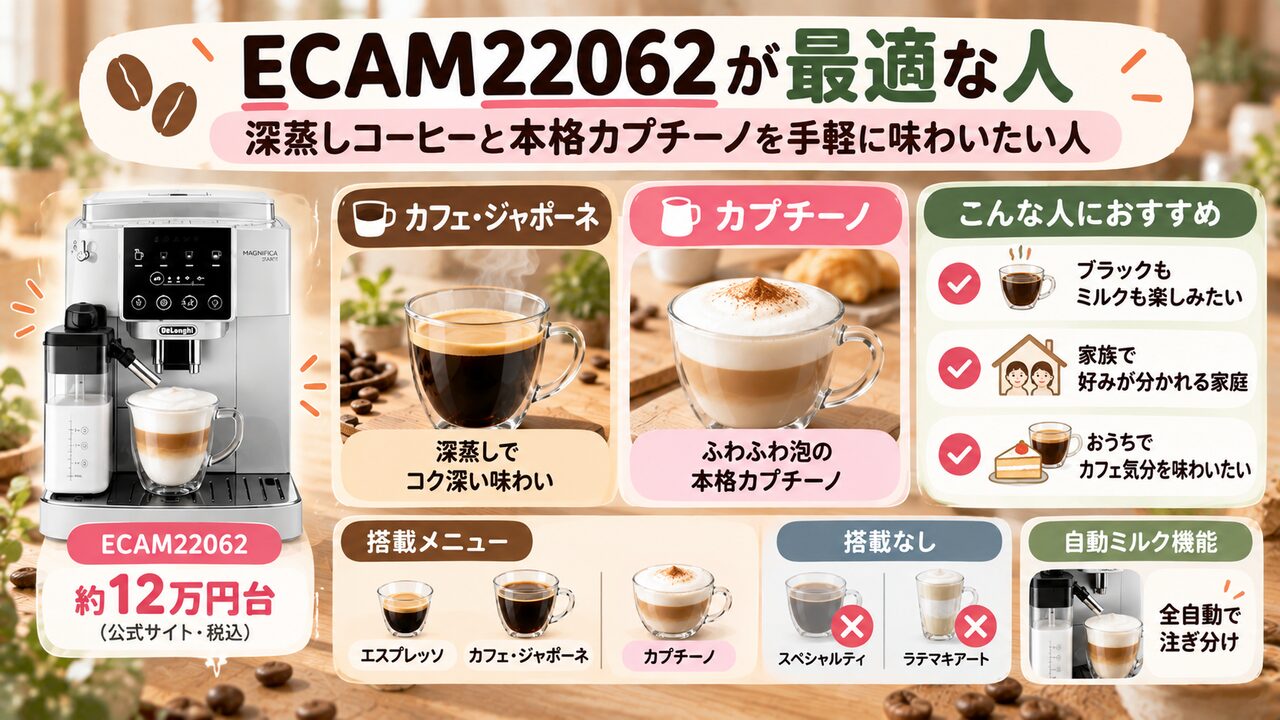ECAM22062が最適な人：深蒸しコーヒーと本格カプチーノを手軽に味わいたい人