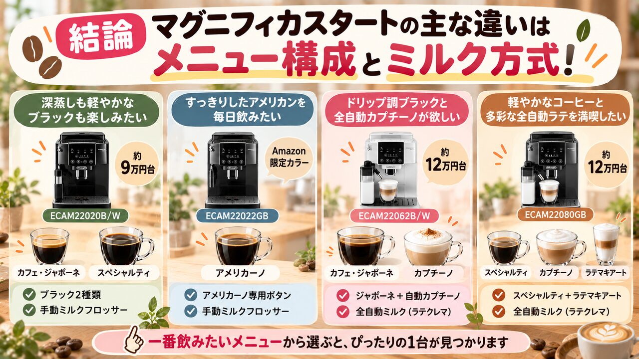 【結論】マグニフィカスタートを選ぶ際の主な違いはメニュー構成とミルク方式！