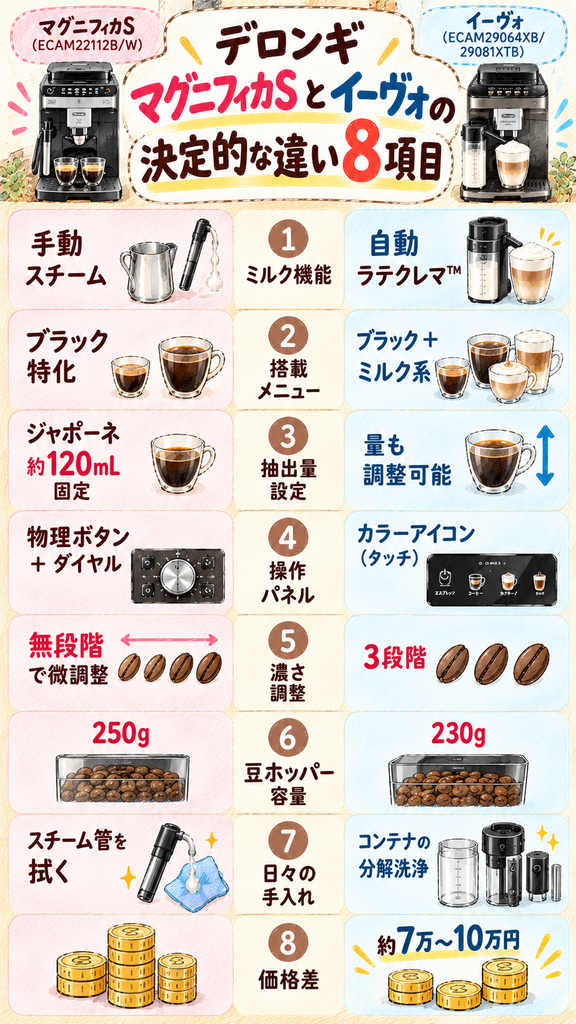 デロンギのマグニフィカSとイーヴォの違い8つ